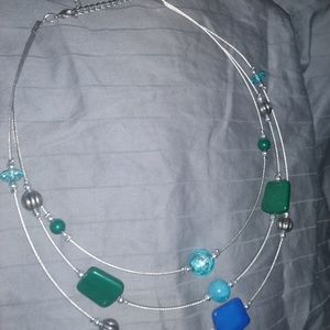 Silver, blue, and green necklace